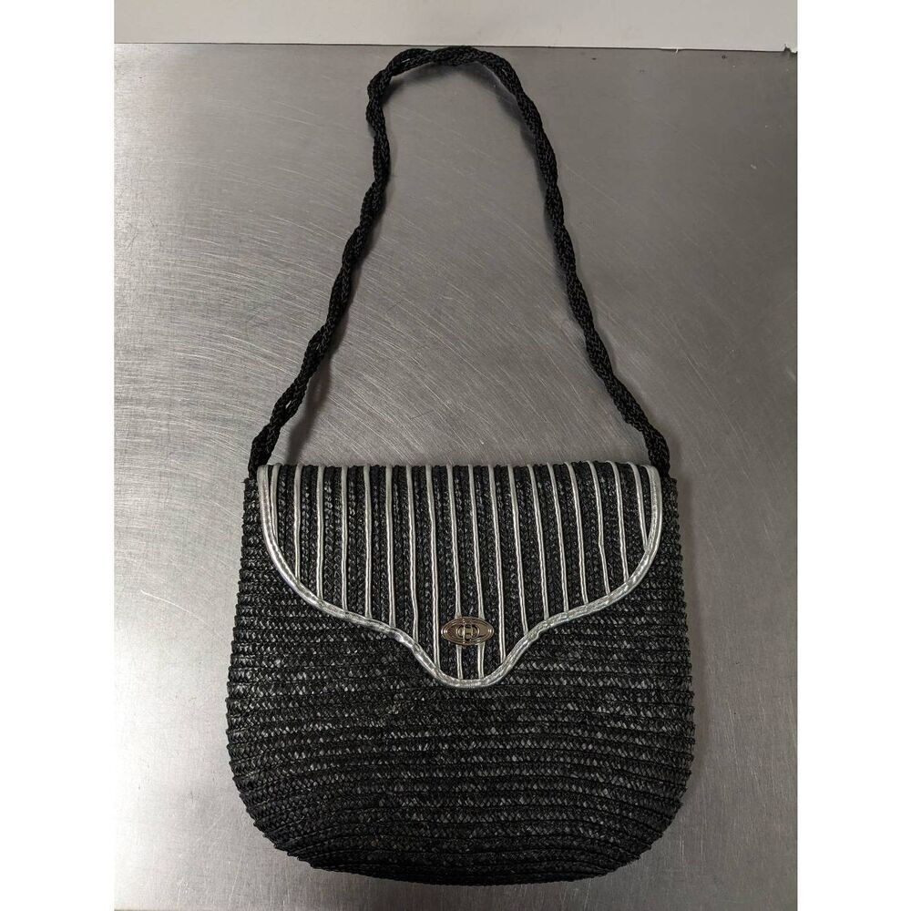 Worthington Beach Time! Straw Shoulder Handbag Black Silver-accent Flap.
